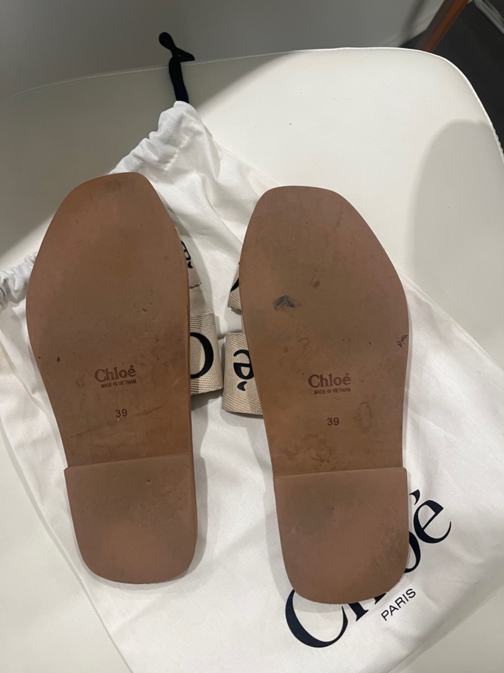 Chloé Beige Logo Canvas Slide Sandals with Brown Leather Footbed - Picture 3 of 3